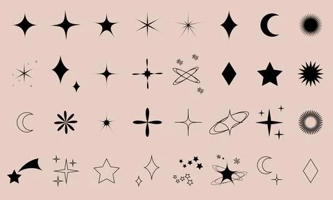A collection of 32 icons featuring various star shapes with outlined border.. Stock Illustration