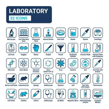 Collection of 32 laboratory and science icons featuring medical equipment, .. Stock Illustration