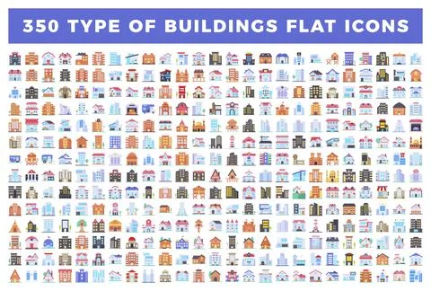 A collection of 350 flat building icons on a white background. featuring di.. Ilustración de archivo