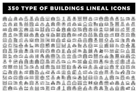 Collection of 350 linear building icons in a white background. architectura.. Stock Illustration