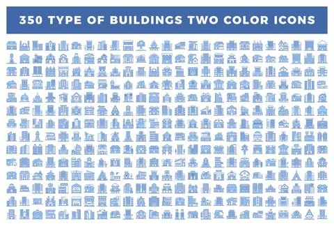 Collection of 350 two-color building icons featuring diverse architectural .. Ilustración de archivo