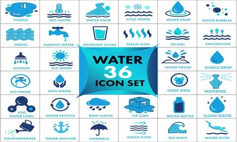 Collection of 36 blue  water vector icons in a clean  grid layout Illustration
