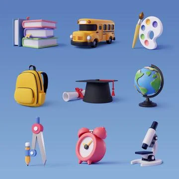 Collection of 3d back to school icon isolated on blue. Stock Illustration