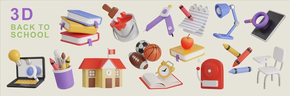 Collection of 3d back to school icon minimal 3D Illustration School Education. Stock Illustration