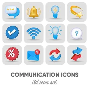 Collection of 3d communication, notification, messaging, and interface icons Stock Illustration