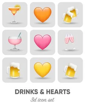 Collection of 3d drinks and hearts emoji vector illustration icons Stock Illustration