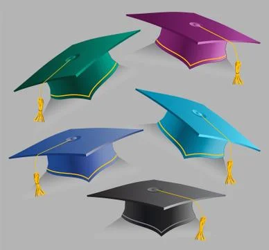 Collection 3D Education Caps. Set of Realistic Graduation student hats. Gradu Stock Illustration