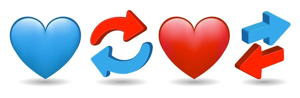 Collection of 3d heart shape, refresh and direction arrows Stockillustratie