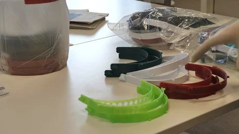 Collection Of 3D Printer Parts printed for COVID19 Masks Stock Footage 127710685