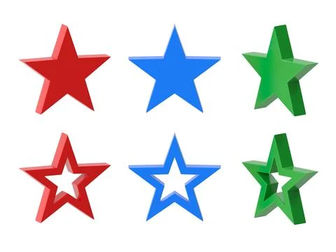 Collection of 3D Solid and Outline Stars in Red, Blue, and Green Stock Illustration