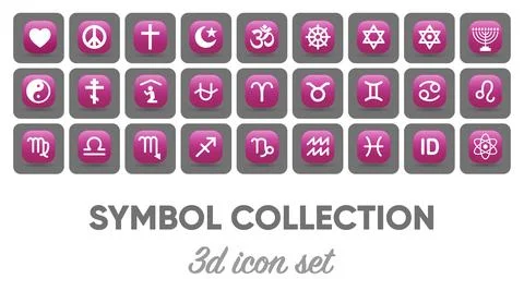 Collection of 3d symbol icons featuring religion, zodiac signs science symbols Stock Illustration