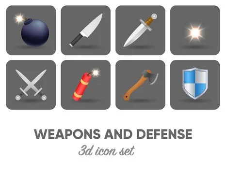 Collection of 3d weapons and defense emoji icons Stock Illustration