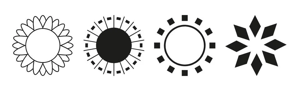 Collection of 4 different black sun abstraction pieces on white background -  Stock Illustration