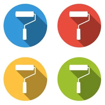 Collection of 4 flat buttons in different colors with paint roller Stock Illustration