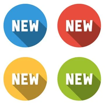 Collection of 4 isolated flat buttons (icons) with NEW text Stock Illustration
