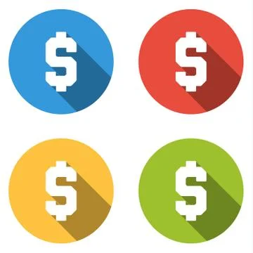 Collection of 4 isolated flat buttons (icons) with dollar sign - $ Stock Illustration