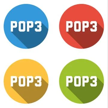 Collection of 4 isolated flat buttons for POP3 (Post Office Protocol) Stock Illustration