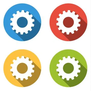 Collection of 4 isolated flat colorful buttons for gear with long shadow 스톡 일러스트