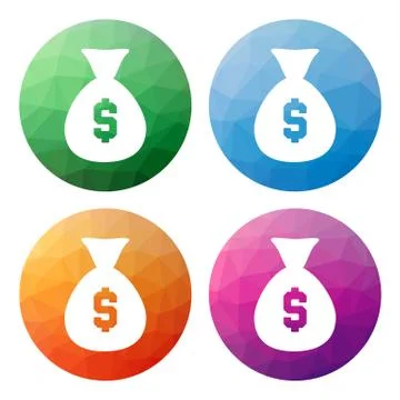 Collection of 4 isolated modern low polygonal buttons - icons - for cash, bag Stock Illustration