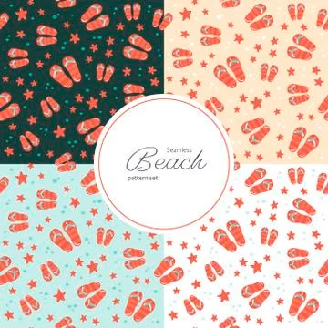 Collection of 4 repeat tiles consist of cartoon starfish and flip flops symbol Stock Illustration