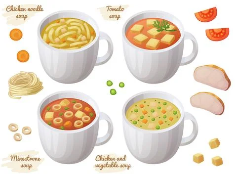 Collection of 4 soups in a cup vector icons isolated on white backround. Chicken Stock Illustration