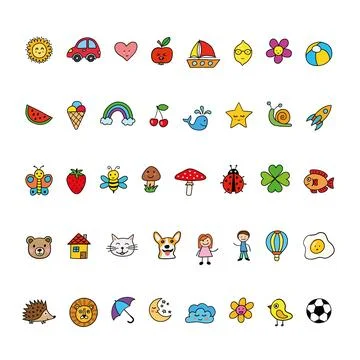 Collection of 40 charming hand-drawn vector images featuring diverse and lively Stock Illustration