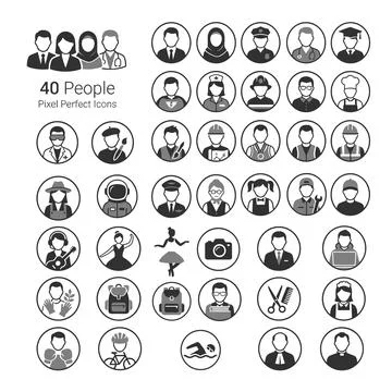 Collection of 40 diverse pixel perfect icons representing various professio.. Stock Illustration