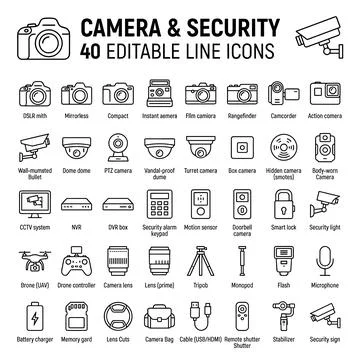 Collection of 40 editable line icons for camera and security technology, fe.. Stock Illustration