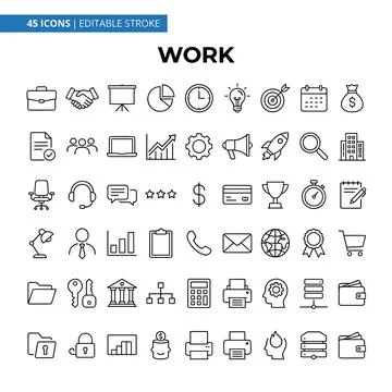 Collection of 45 editable stroke line icons representing work and business .. Stock Illustration