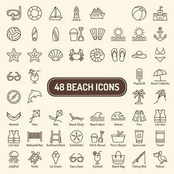 Collection of 48 simple line art beach and summer vacation icons, including.. Stock Illustration