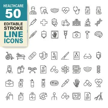 Collection of 50 editable stroke line icons for healthcare and medical serv.. Stock Illustration