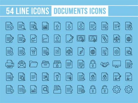 Collection of 54 line style document icons for business and office use digi.. Stock Illustration