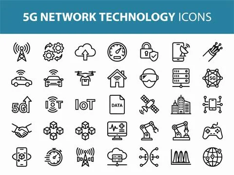 Collection of 5G network technology icons for business and communication. Stock Illustration