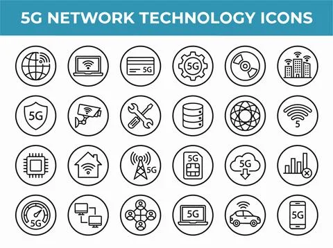 Collection of 5G network technology icons on white background for business .. Stock Illustration
