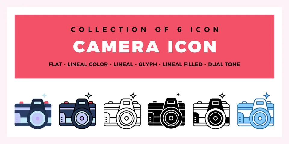 Collection of 6 Camera Icons Flat. Lineal. Glyph Styles Stock Illustration