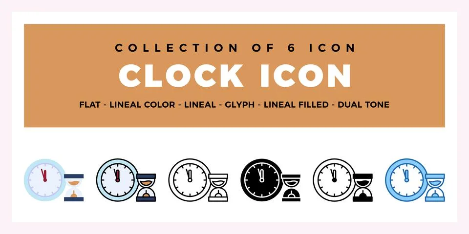 Collection of 6 Clock Icons Flat. Lineal. Glyph Styles Stock Illustration