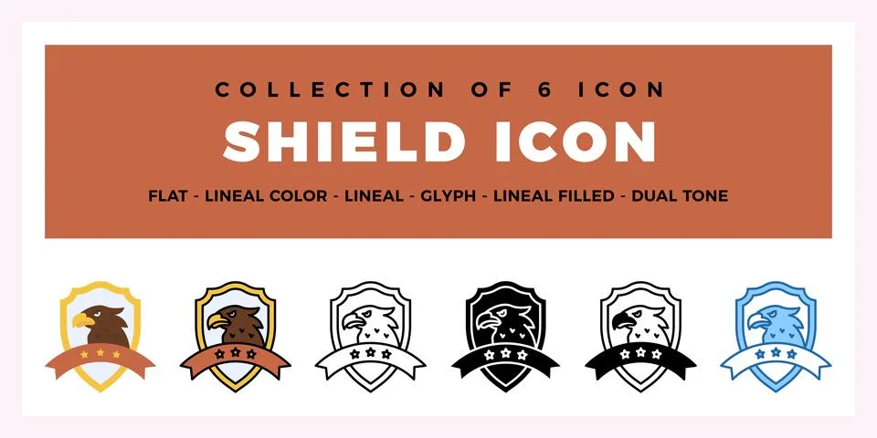 Collection of 6 Eagle Shield Icons Flat. Lineal. Glyph Styles Stock Illustration
