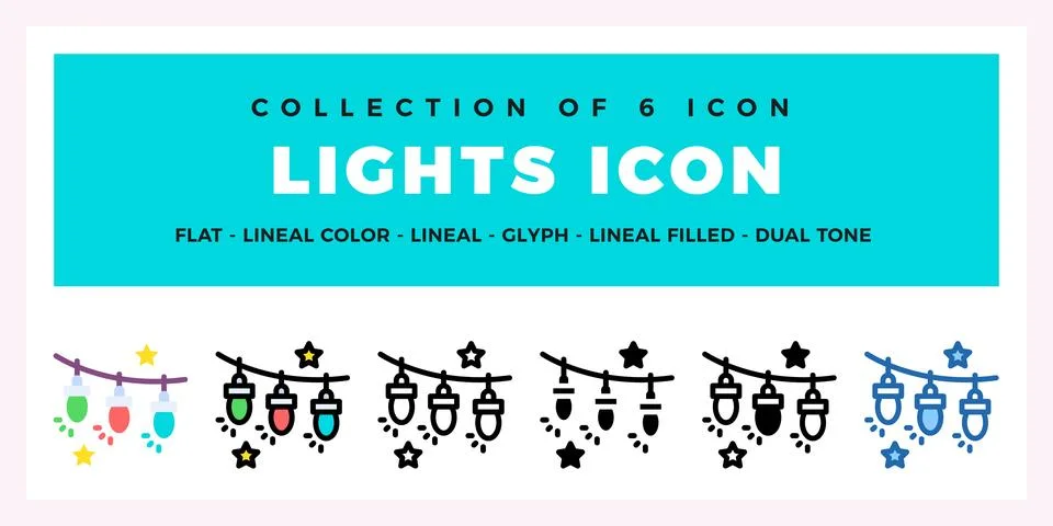 Collection of 6 Lights Icons. Flat. Lineal. Glyph Styles Stock Illustration