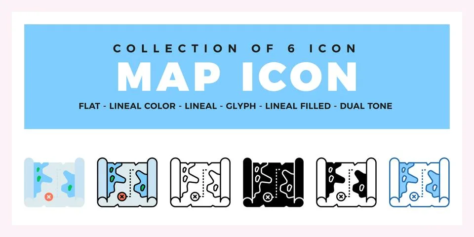 Collection of 6 Map Icons. Flat. Lineal. Glyph Styles Stock Illustration