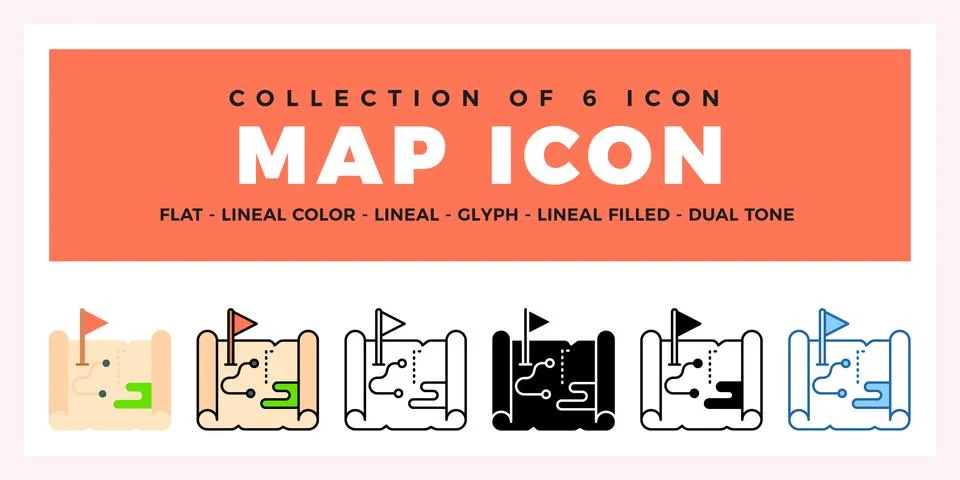Collection of 6 Map Icons. Flat. Lineal. Glyph Styles Stock Illustration