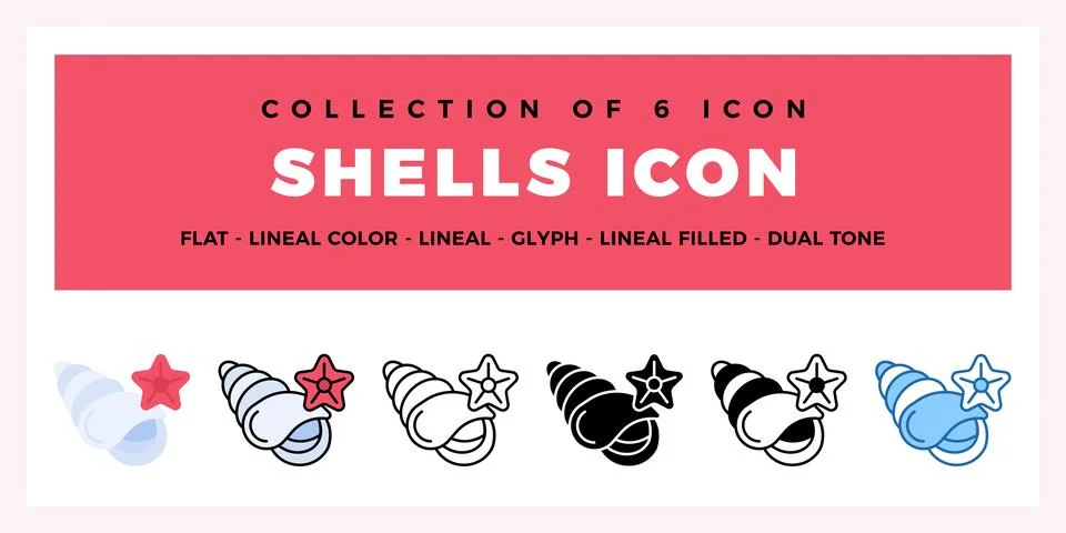 Collection of 6 Shell Icons Flat. Lineal. Glyph Styles Stock Illustration