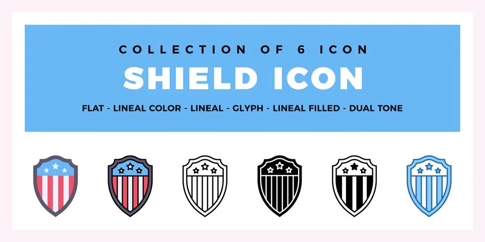Collection of 6 Shield Icons Flat. Lineal. Glyph. and Dual Tone Styles Stock Illustration