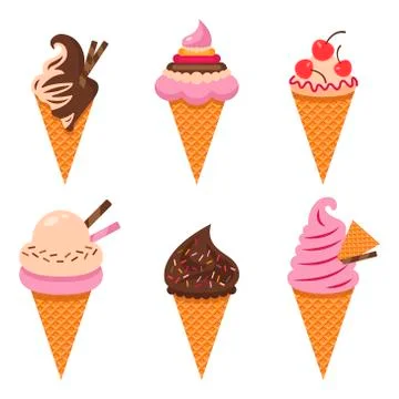 Collection of 6 vector illustrations of ice cream on a white isolated backgro Stock Illustration