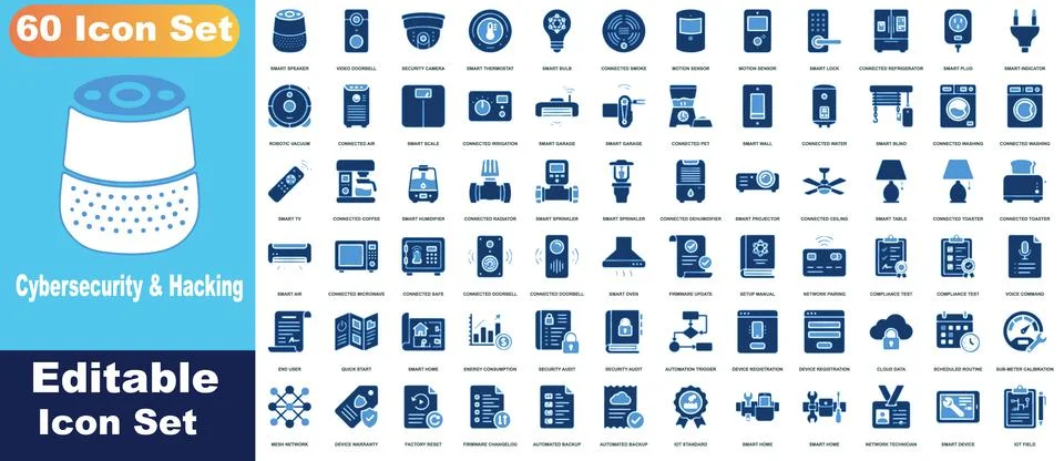 Collection of 60 blue gradient io t smart home device icons, including appl.. Stock Illustration