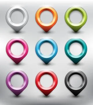 Collection of 9 blank map markers. Location icons. Stock Illustration