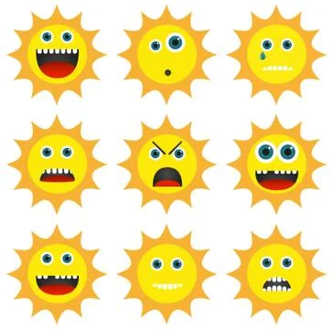 Collection of 9 different emoticons in sun shape Stock Illustration