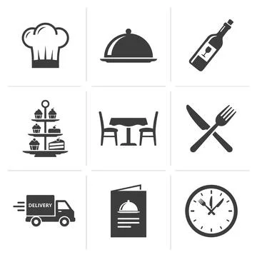 Collection of 9 flat design icons representing restaurant and food service .. Stock Illustration