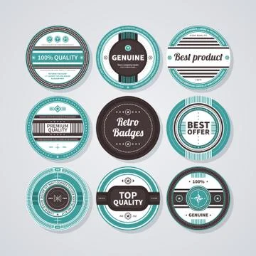 Collection of 9 round badges in retro style. EPS10. Stock Illustration