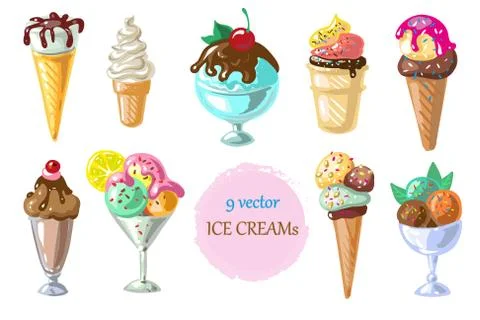 Collection of 9 vector ice cream illustrations isolated on white Stock Illustration
