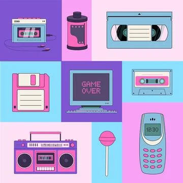 Collection of 90s elements: old pc, phone, audio player, cassette Illustrazione stock